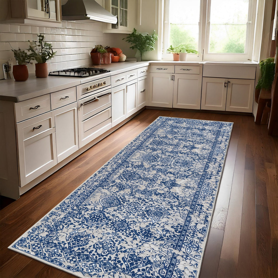Transitional Style Blue Machine Washable Cotton Area Rug - The Rug Decor