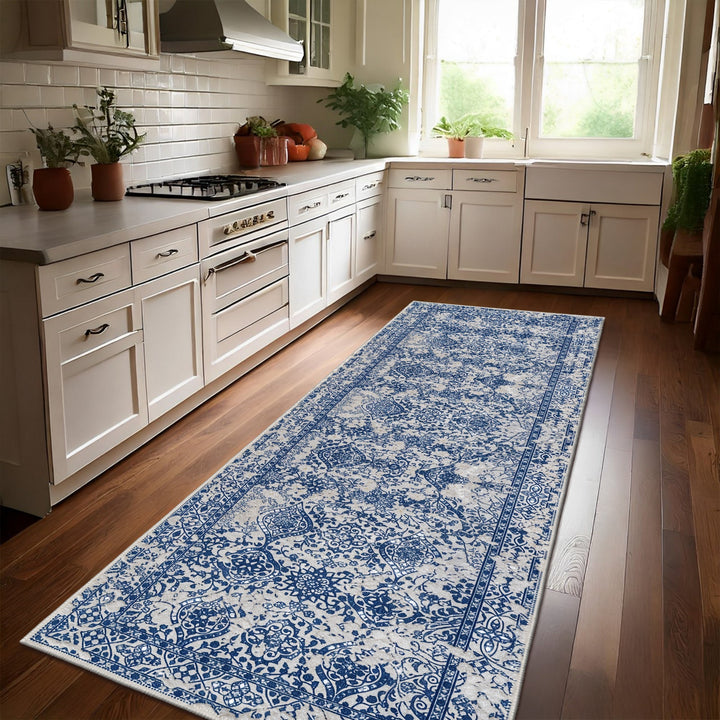 Transitional Style Blue Machine Washable Cotton Area Rug - The Rug Decor