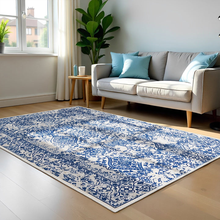 Transitional Style Blue Machine Washable Cotton Area Rug - The Rug Decor