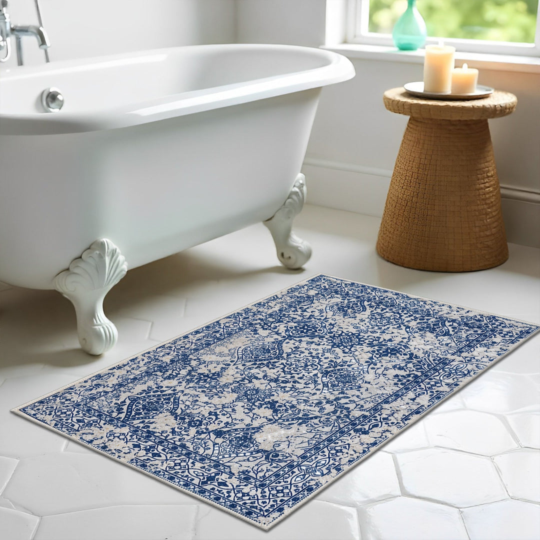 Transitional Style Blue Machine Washable Cotton Area Rug - The Rug Decor