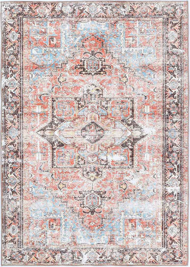 Transitional Turkish Rust And Blue Machine Washable Rug - The Rug Decor