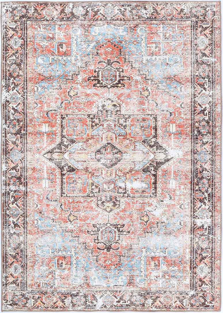 Transitional Turkish Rust And Blue Machine Washable Rug - The Rug Decor