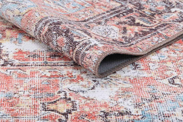 Transitional Turkish Rust And Blue Machine Washable Rug - The Rug Decor