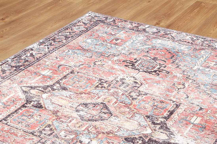 Transitional Turkish Rust And Blue Machine Washable Rug - The Rug Decor