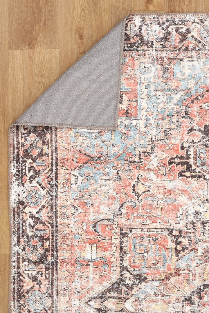 Transitional Turkish Rust And Blue Machine Washable Rug - The Rug Decor