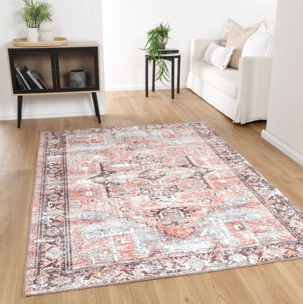Transitional Turkish Rust And Blue Machine Washable Rug - The Rug Decor