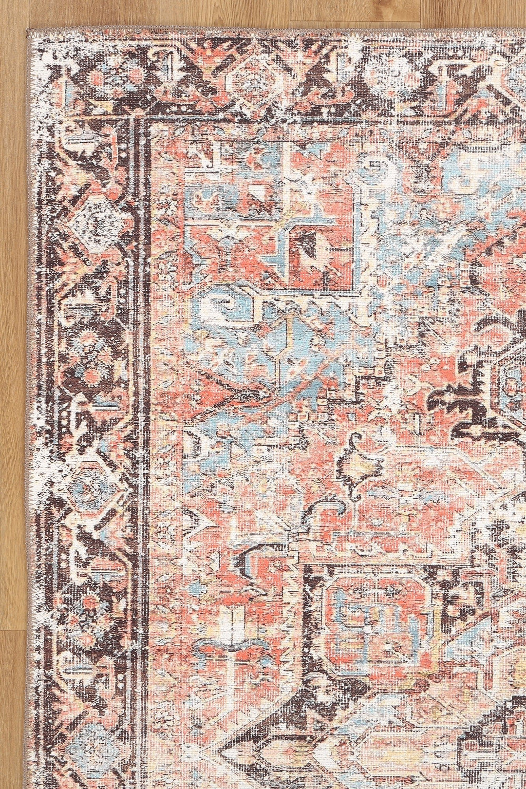 Transitional Turkish Rust And Blue Machine Washable Rug - The Rug Decor