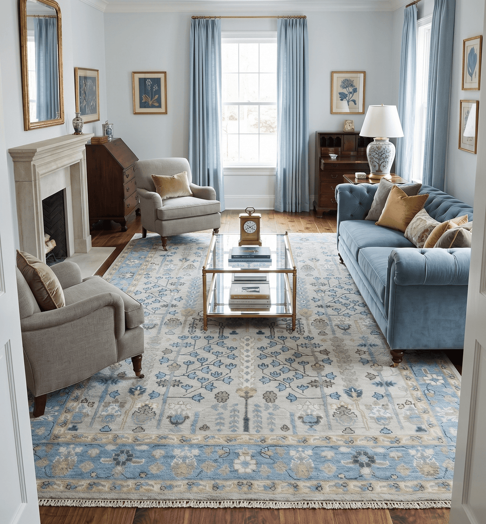 Tree of life Beige and Blue Traditional Hand Knotted Multi Size Wool Area Rug - The Rug Decor