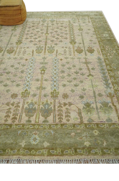 Tree of life Beige, Purple and Olive 8x10 Hand Knotted Traditional Floral wool rug - The Rug Decor