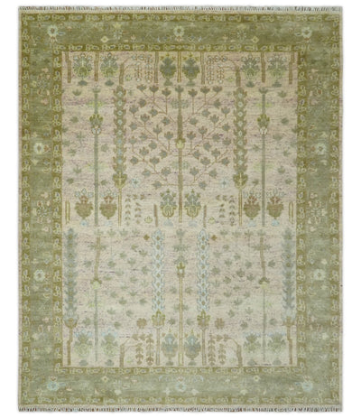 Tree of life Beige, Purple and Olive 8x10 Hand Knotted Traditional Floral wool rug - The Rug Decor