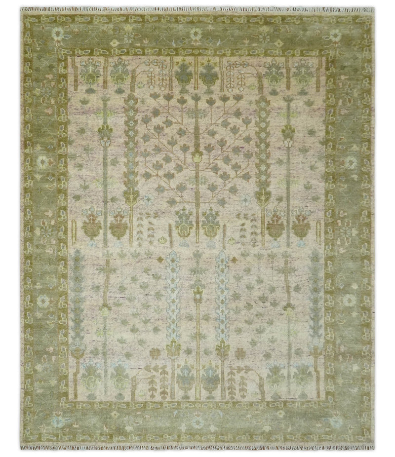 Tree of life Beige, Purple and Olive 8x10 Hand Knotted Traditional Floral wool rug - The Rug Decor