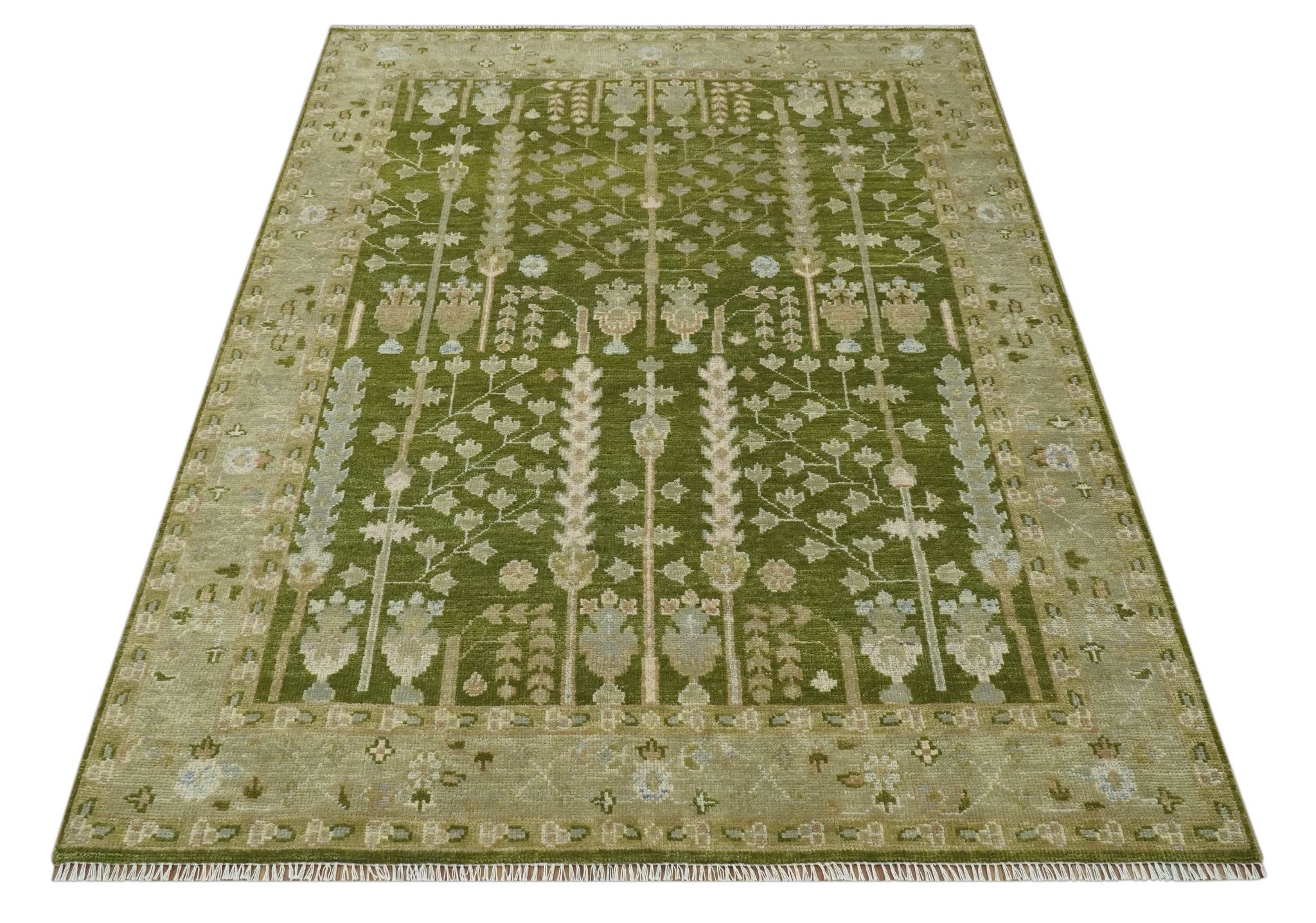 Tree of life Green and Silver Hand Knotted Traditional Floral wool
