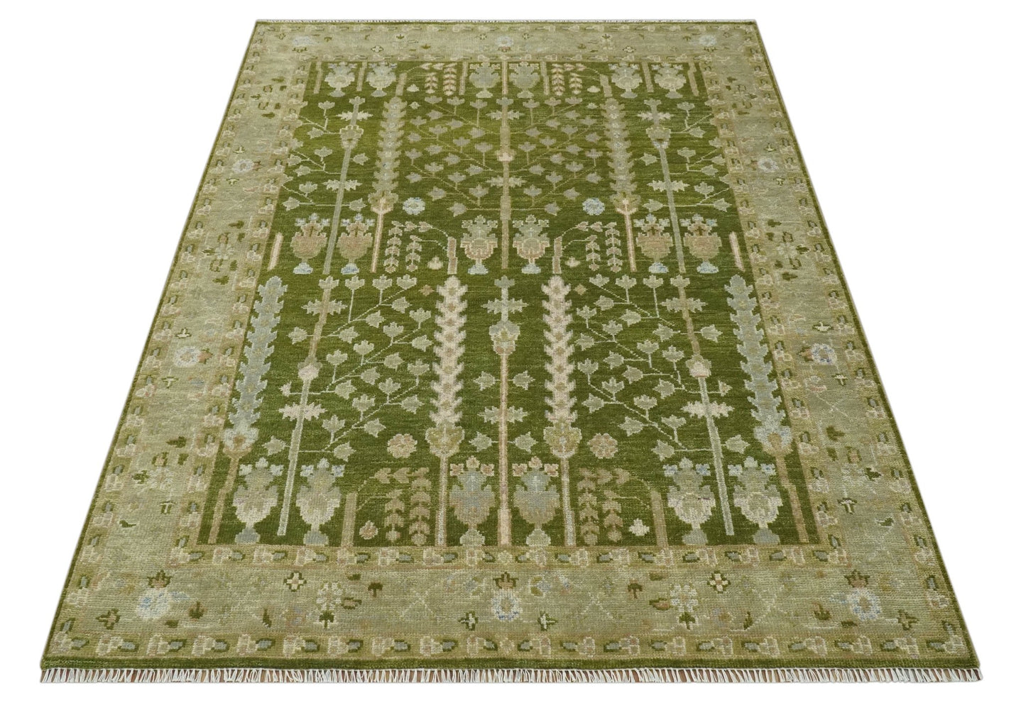 Tree of life Green and Silver Hand Knotted Traditional Floral 8x10 wool rug - The Rug Decor