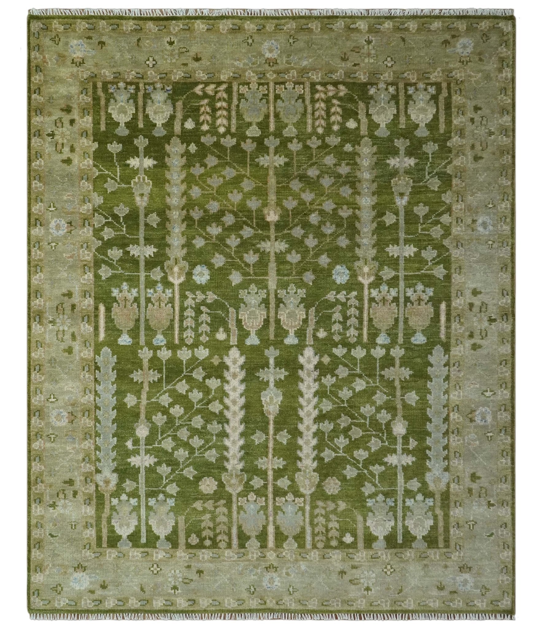 Tree of life Green and Silver Hand Knotted Traditional Floral wool