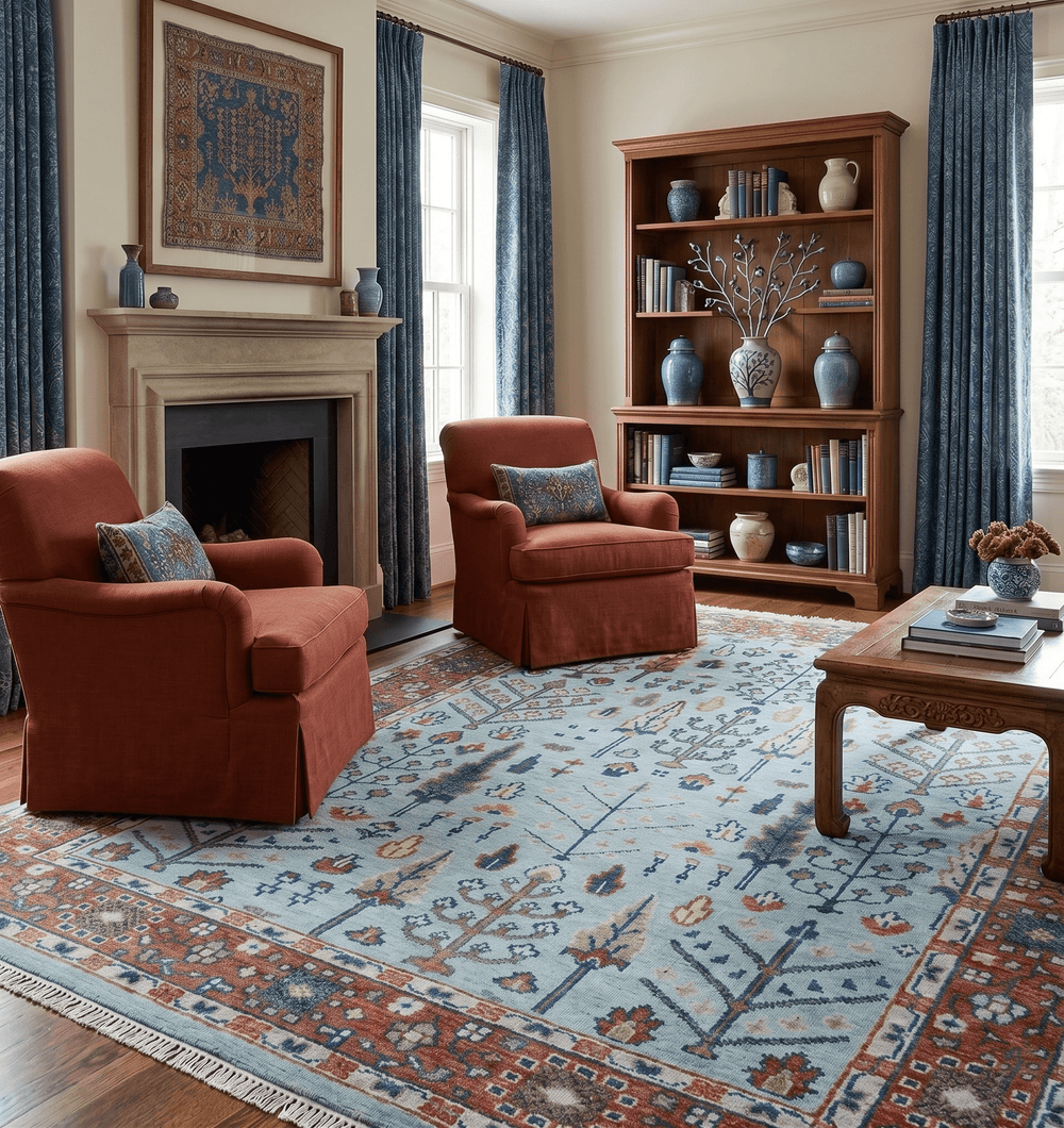 Tree of Life Hand Knotted Blue and Rust Oushak Custom Made Wool Rug - The Rug Decor