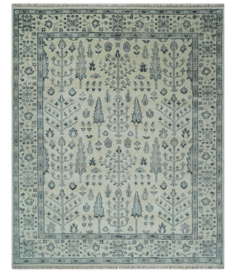 Tree of Life Hand Knotted Ivory and Charcoal Traditional Oushak 8x10 Wool Rug - The Rug Decor