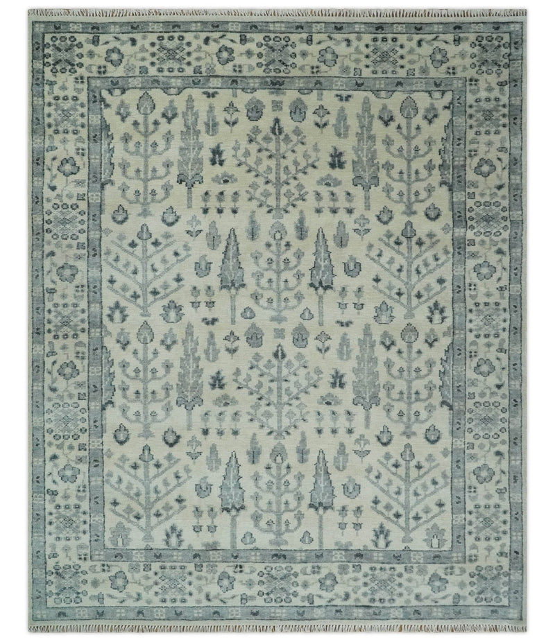 Tree of Life Hand Knotted Ivory and Charcoal Traditional Oushak Custom Made Wool Rug - The Rug Decor