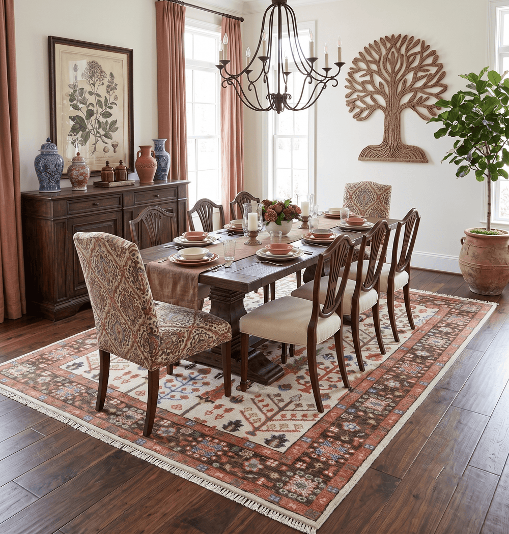 Tree of Life Hand Knotted Ivory, Brown and Rust Traditional Oushak Multi Size Wool Rug - The Rug Decor