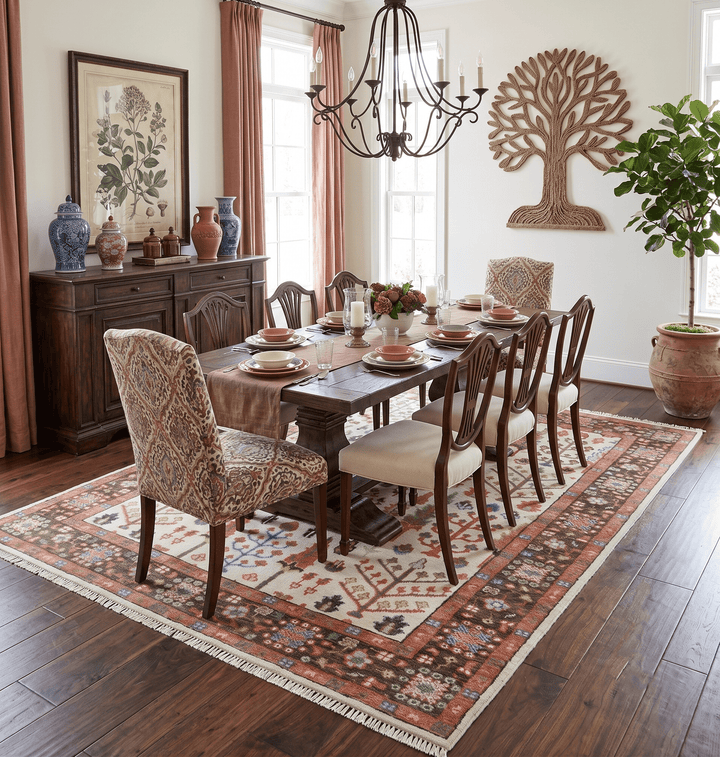 Tree of Life Hand Knotted Ivory, Brown and Rust Traditional Oushak Multi Size Wool Rug - The Rug Decor
