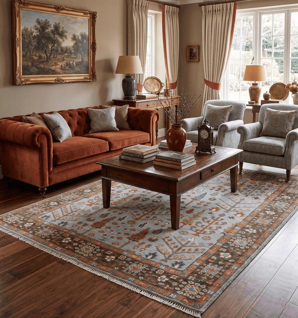 Tree of Life Hand Knotted Silver, Brown and Rust Traditional Wool Rug - The Rug Decor