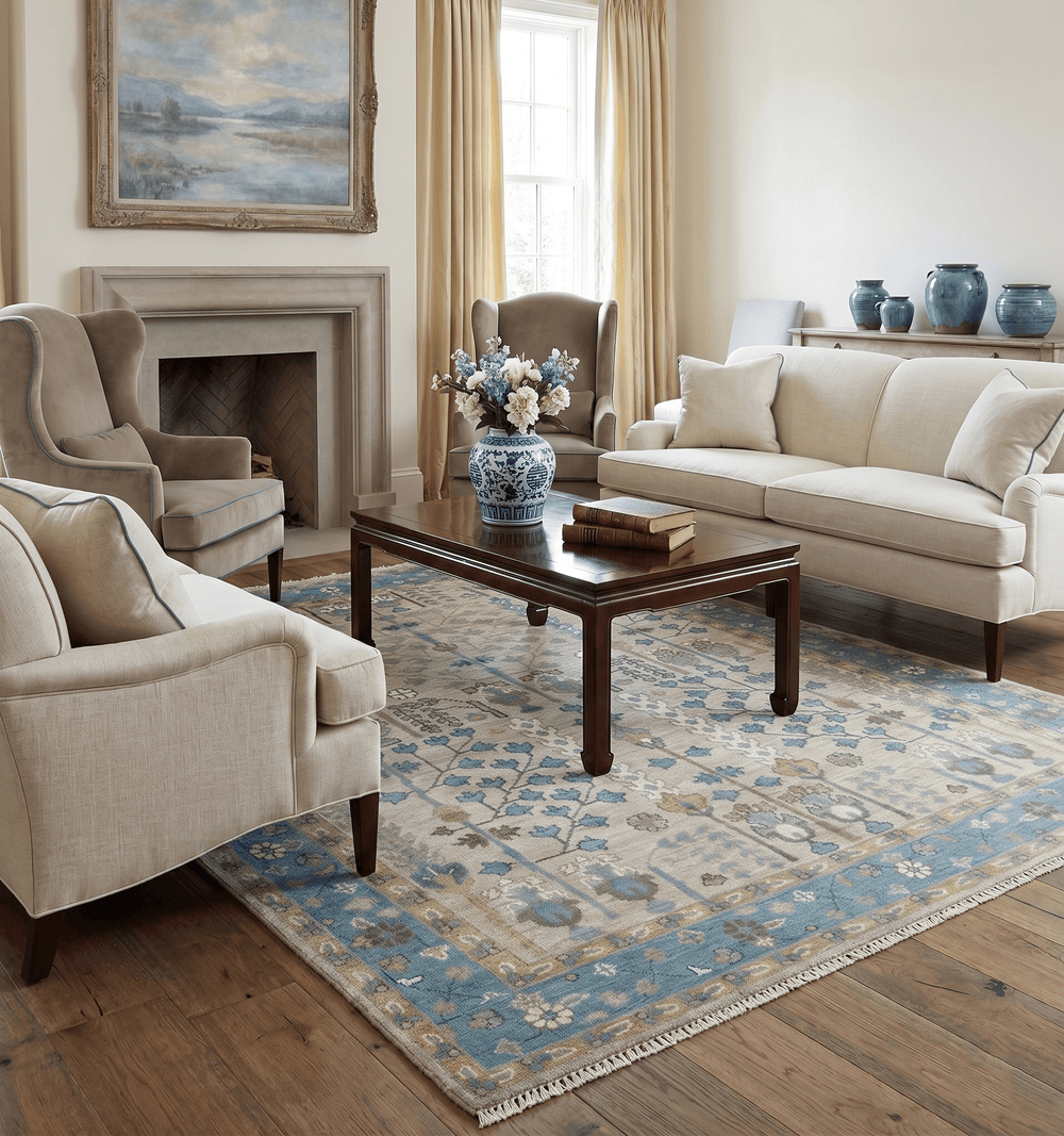 Tree of life Hand Knotted Traditional Beige and Blue Vintage Style Custom Made Wool Area Rug - The Rug Decor