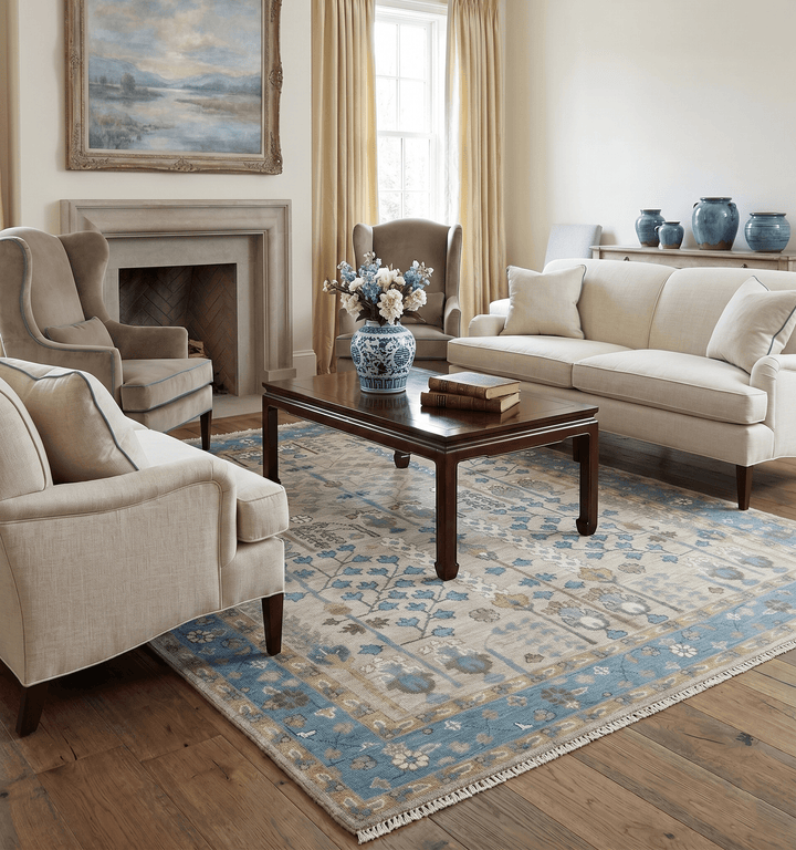 Tree of life Hand Knotted Traditional Beige and Blue Vintage Style Custom Made Wool Area Rug - The Rug Decor