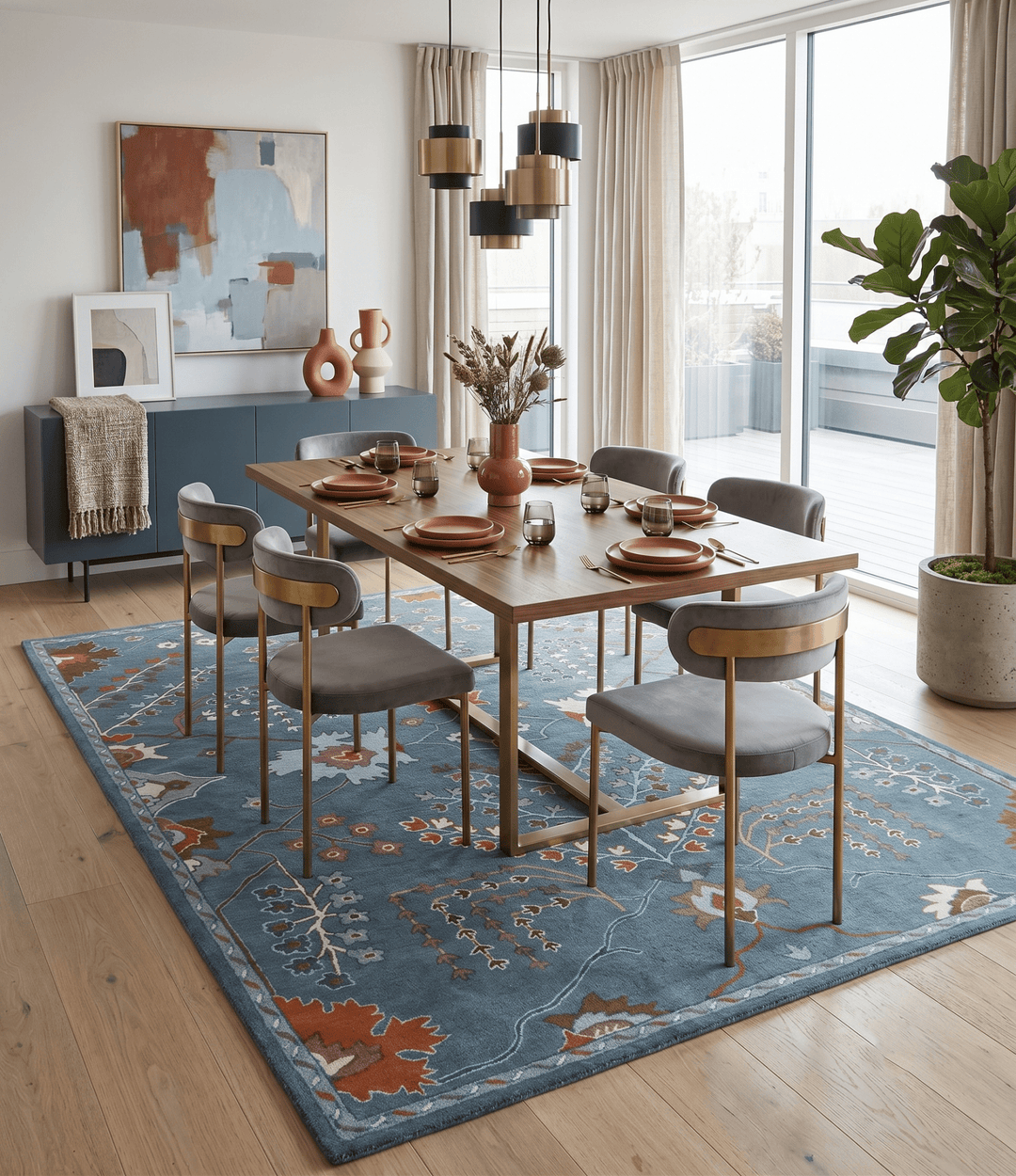 Tree of life Hand Tufted Teal Blue, Brown and Red Traditional Floral Custom Made Wool Area Rug, Kids, Living Room and Bedroom Rug - The Rug Decor