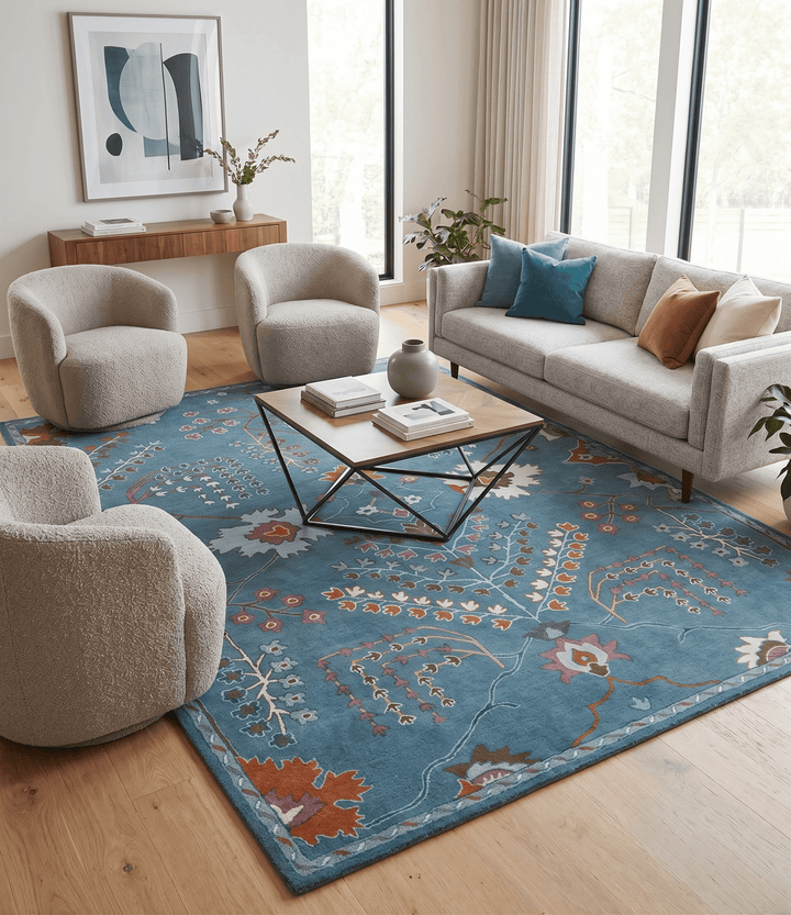 Tree of life Hand Tufted Teal Blue, Brown and Red Traditional Floral Custom Made Wool Area Rug, Kids, Living Room and Bedroom Rug - The Rug Decor