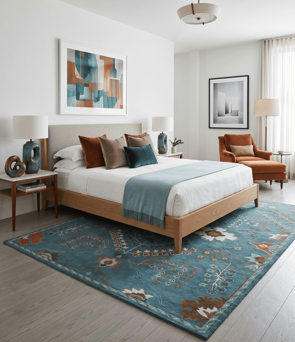Tree of life Hand Tufted Teal Blue, Brown and Red Traditional Floral Custom Made Wool Area Rug, Kids, Living Room and Bedroom Rug - The Rug Decor