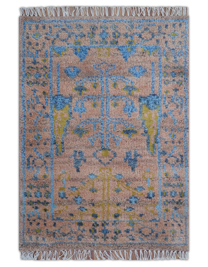Tree of life Peach And Blue Hand Knotted 2x3 Wool Rug - The Rug Decor