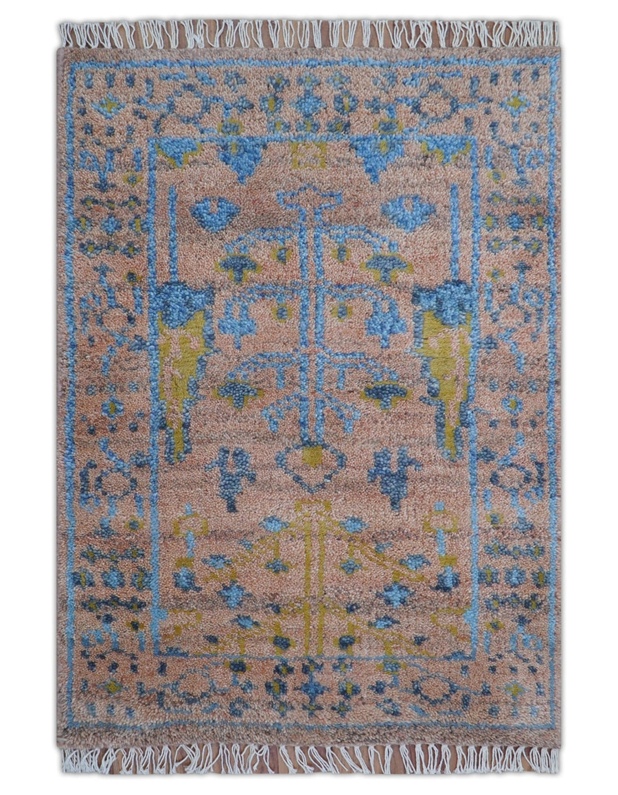 Tree of life Peach And Blue Hand Knotted 2x3 Wool Rug - The Rug Decor