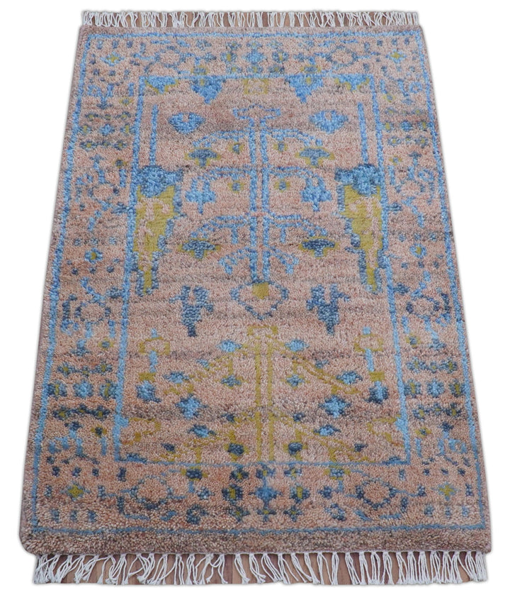 Tree of life Peach And Blue Hand Knotted 2x3 Wool Rug - The Rug Decor