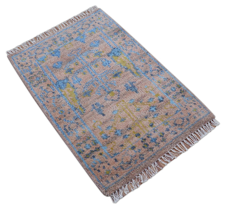 Tree of life Peach And Blue Hand Knotted 2x3 Wool Rug - The Rug Decor