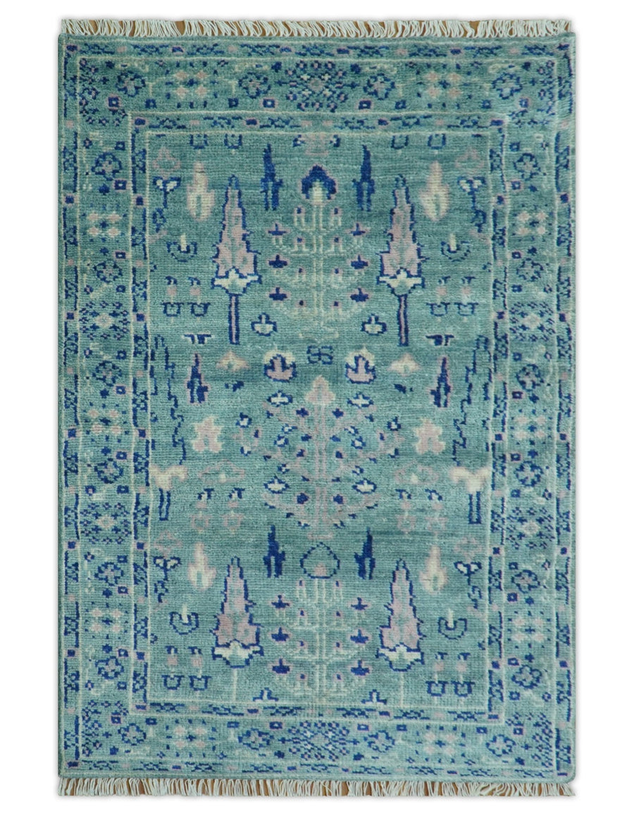 Tree of life Teal And Blue Hand knotted 4x6 Wool Area Rug - The Rug Decor