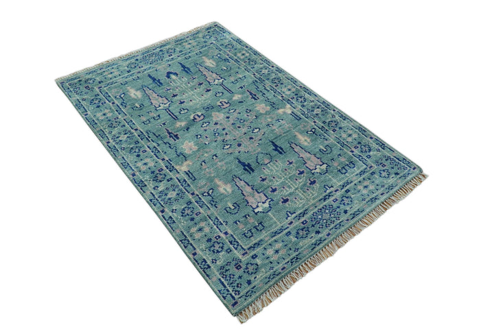 Tree of life Teal And Blue Hand knotted 4x6 Wool Area Rug - The Rug Decor