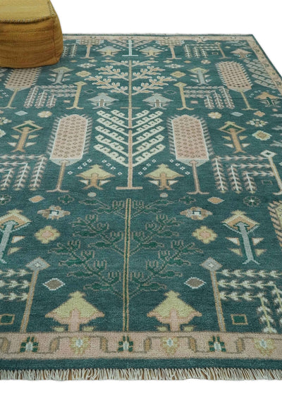 Tree of life Teal, Peach and Olive Hand Knotted Traditional Oushak 8x10 wool area Rug - The Rug Decor