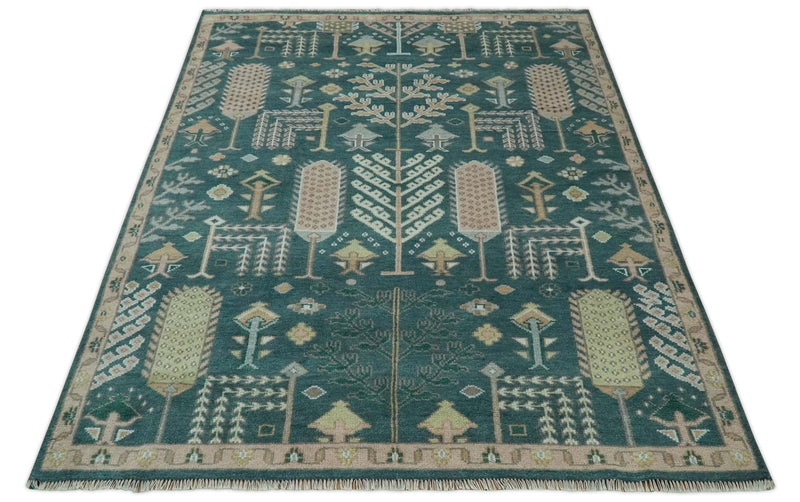 Tree of life Teal, Peach and Olive Hand Knotted Traditional Oushak 8x10 wool area Rug - The Rug Decor