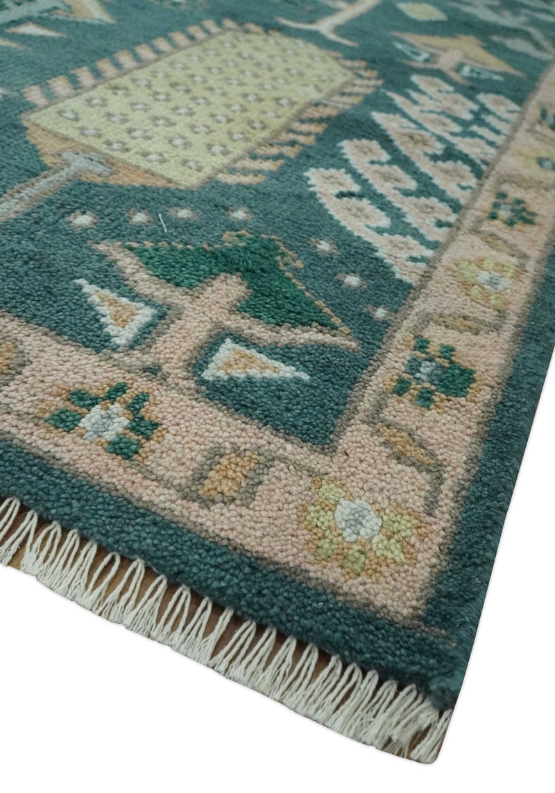 Tree of life Teal, Peach and Olive Hand Knotted Traditional Oushak Custom Made wool area Rug - The Rug Decor
