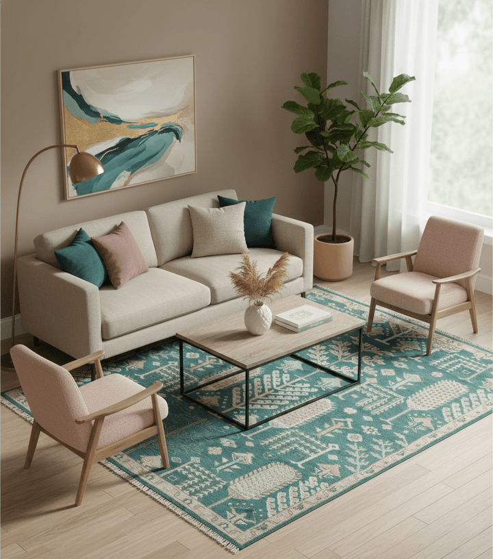 Tree of life Teal, Peach and Olive Hand Knotted Traditional Oushak Custom Made wool area Rug - The Rug Decor