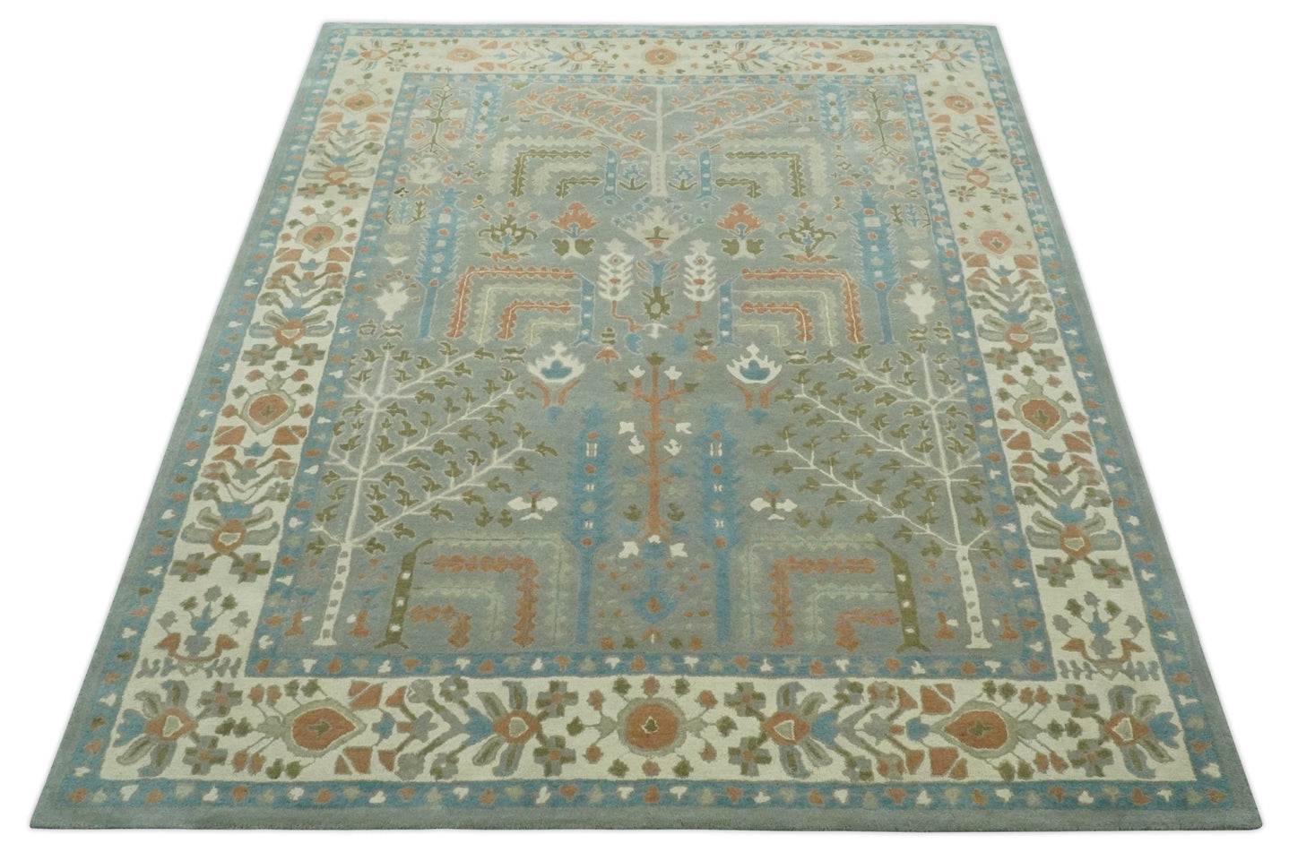 Tree of life Traditional Floral Gray, Beige, Green and Dark Peach Hand Tufted wool Area Rug - The Rug Decor