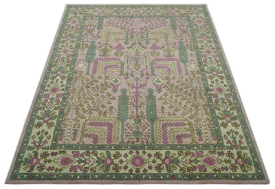 Tree of life Traditional Floral Light Purple, Green, Olive and Beige Hand Tufted 8x10 wool Rug - The Rug Decor