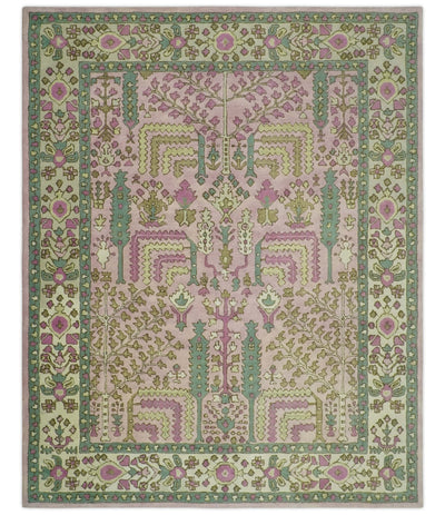 Tree of life Traditional Floral Light Purple, Green, Olive and Beige Hand Tufted 8x10 wool Rug - The Rug Decor