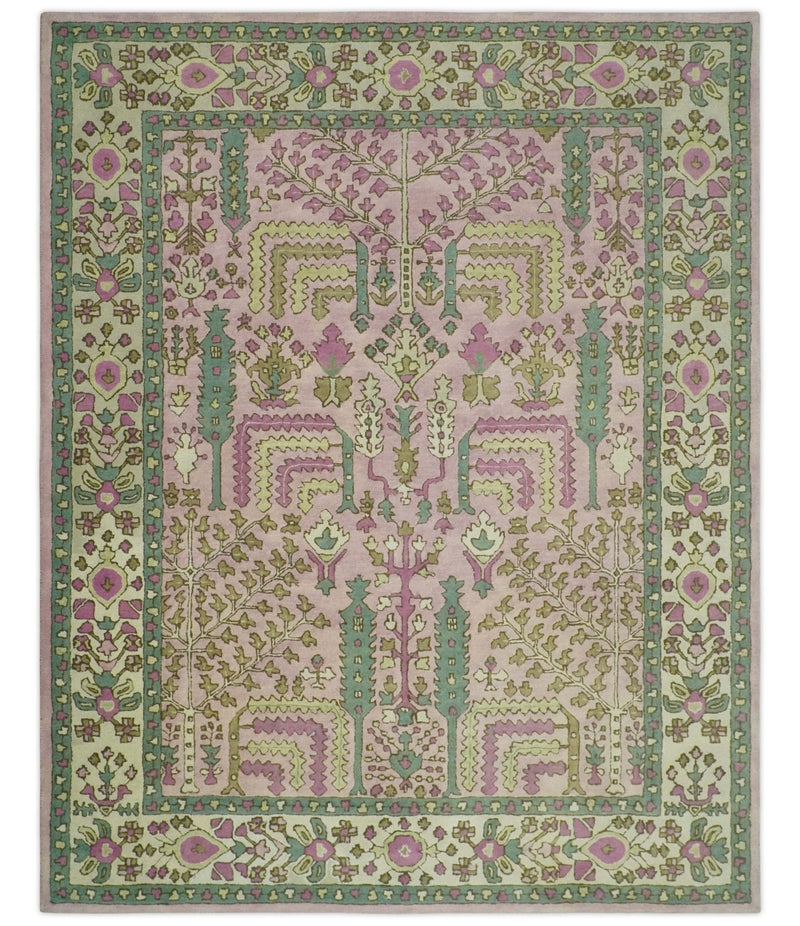 Tree of life Traditional Floral Light Purple, Green, Olive and Beige Hand Tufted 8x10 wool Rug - The Rug Decor