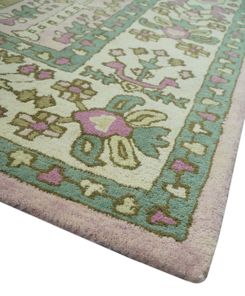 Tree of life Traditional Floral Light Purple, Green, Olive and Beige Hand Tufted 8x10 wool Rug - The Rug Decor