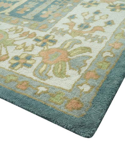 Tree of life Traditional Floral Teal, Silver, Green and Dark Peach 8x10 wool Area Rug - The Rug Decor