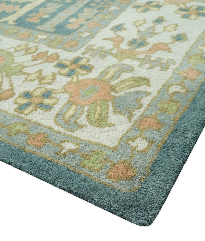 Tree of life Traditional Floral Teal, Silver, Green and Dark Peach 8x10 wool Area Rug - The Rug Decor