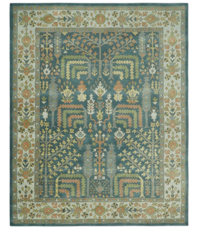 Tree of life Traditional Floral Teal, Silver, Green and Dark Peach 8x10 wool Area Rug - The Rug Decor
