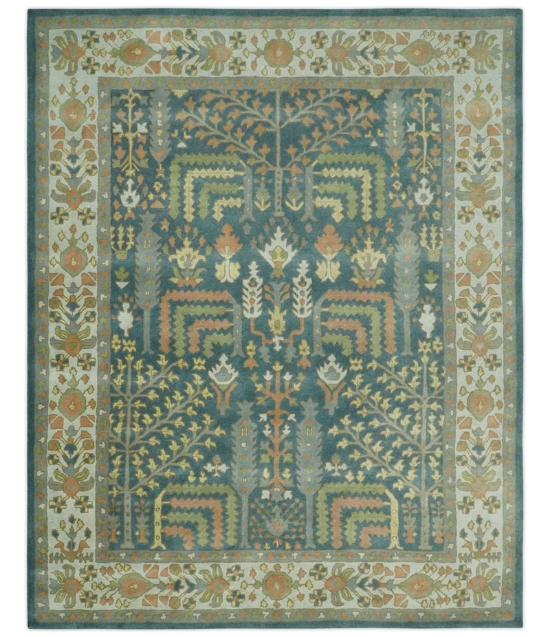 Tree of life Traditional Floral Teal, Silver, Green and Dark Peach 8x10 wool Area Rug - The Rug Decor