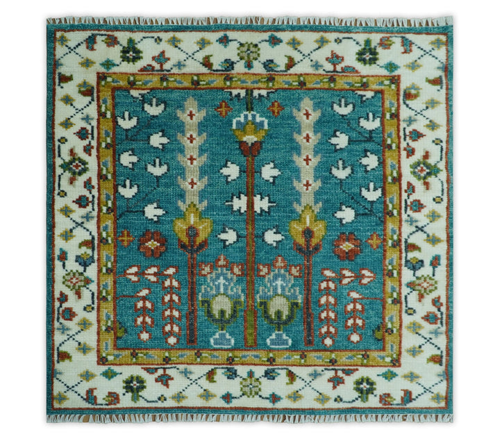 Tree of Life Traditional Hand Knotted Teal Blue and Ivory Custom Made Wool Area Rug - The Rug Decor