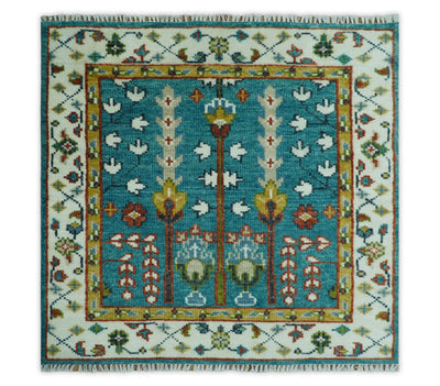 Tree of Life Traditional Hand Knotted Teal Blue and Ivory Custom Made Wool Area Rug - The Rug Decor